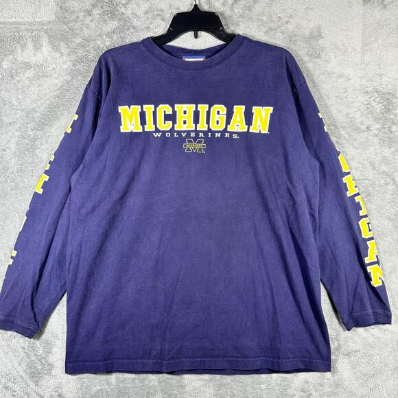 VINTAGE 90s Michigan Wolverines Shirt Men's XL Long Sleeve Blue Logo Retro - Picture 1 of 7